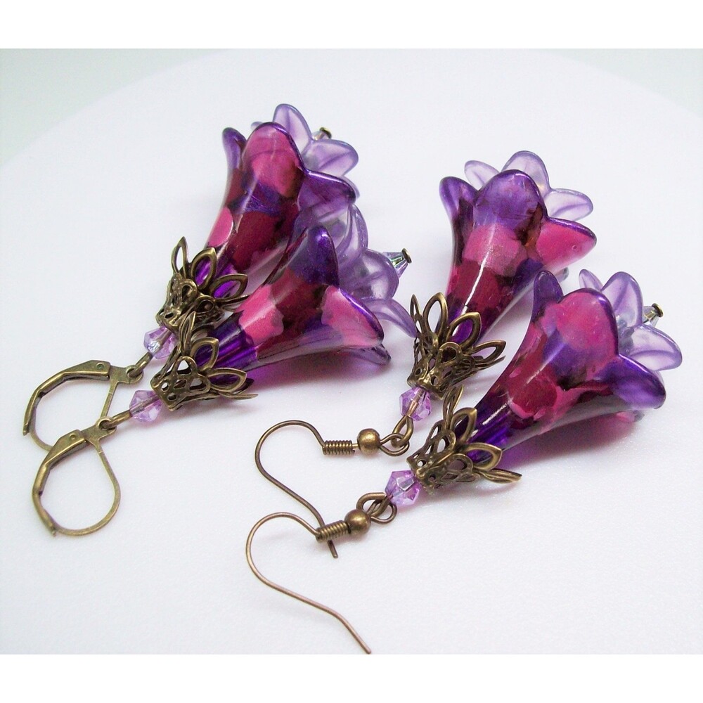 Purple Earrings Dangle, Flower Earrings, Vintage Style, Bronze, Flower Gifts for